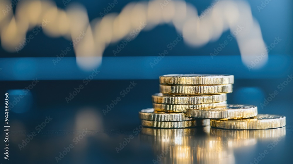 Poster a close-up view of stacked coins with a blurred background showcasing a rising graph, symbolizing fi