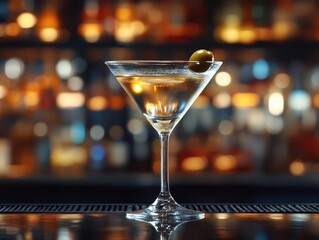 Martini glass with an olive, on a sleek bar counter, Sophisticated, Bright, Detailed