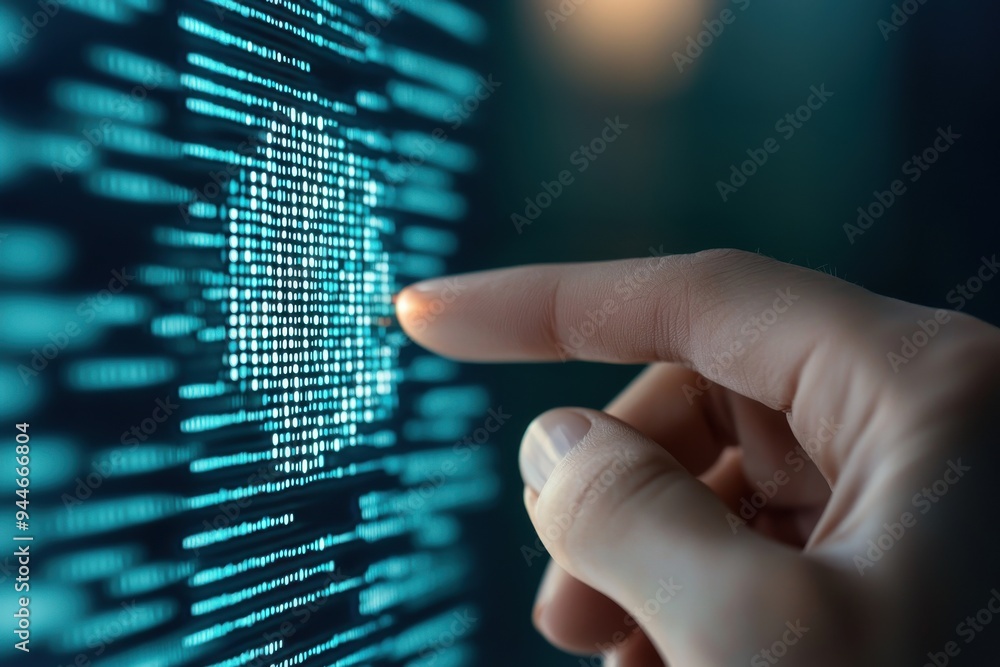 Aufkleber a digital interface featuring a finger touching a holographic fingerprint icon representing security