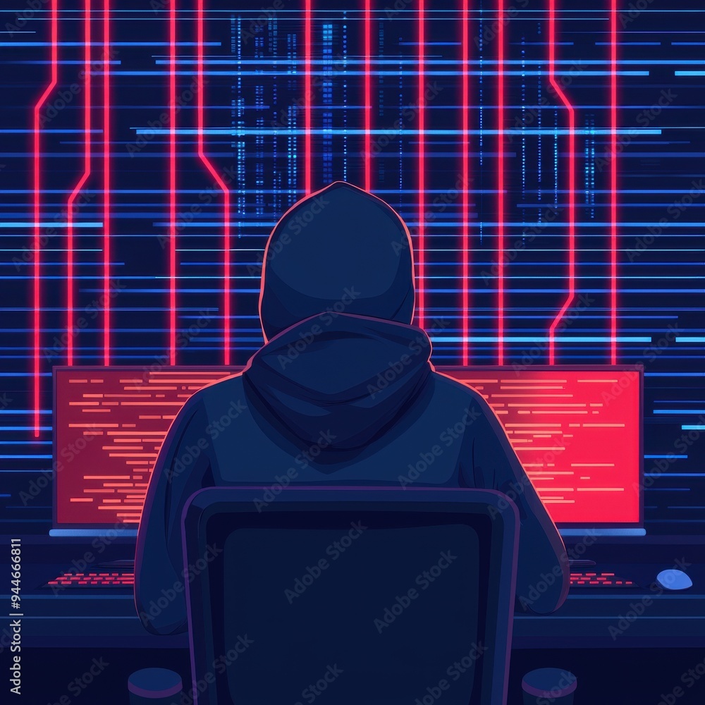 Aufkleber a digital hacker working intensely at a computer, surrounded by neon code, embodying the essence of 