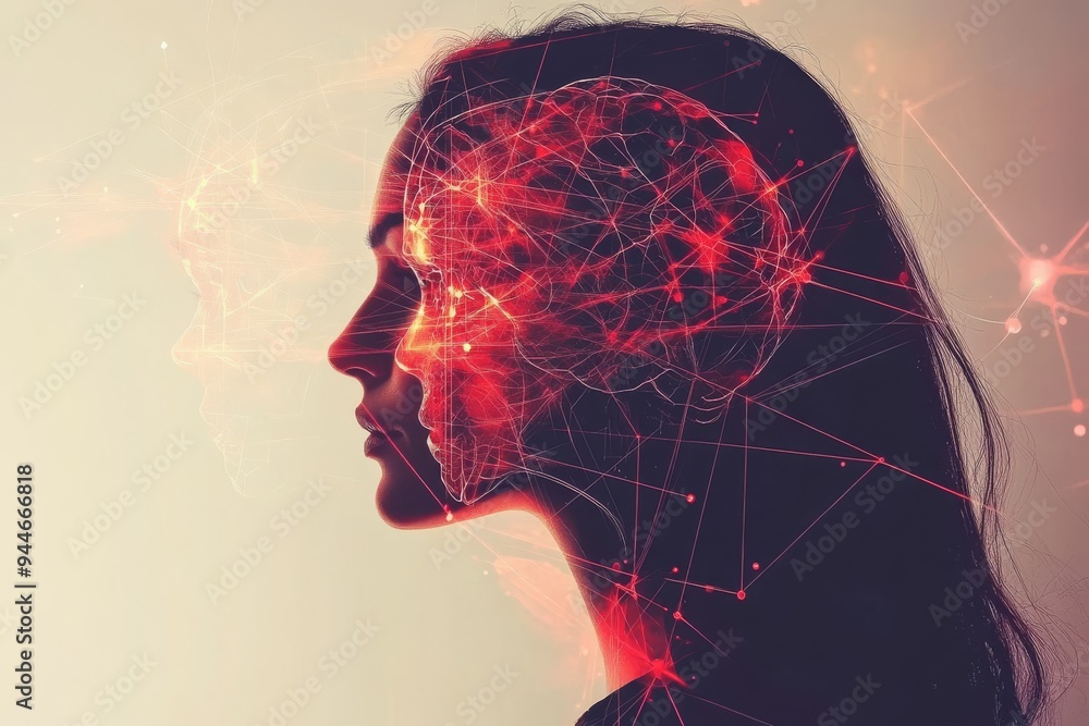 Poster conceptual illustration of a woman with glowing brain depicting cognitive connectivity intellectual 