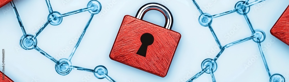 Poster a digital lock on a network background, symbolizing security and protection in technology and data s