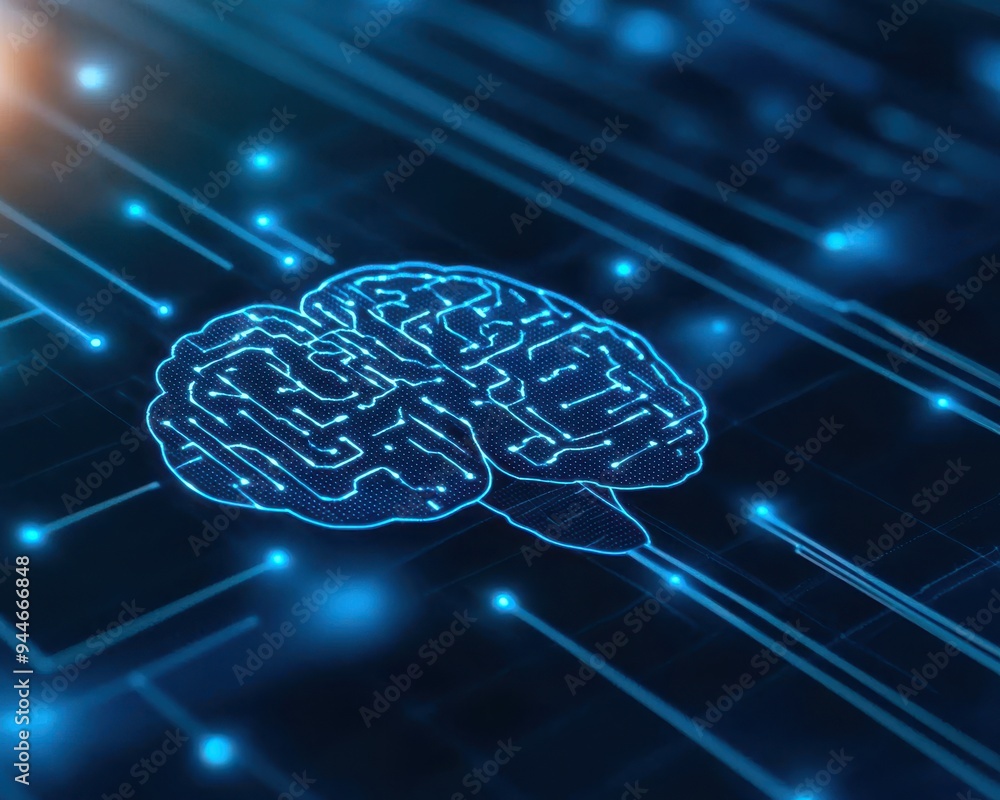 Poster a digital illustration of a brain surrounded by circuits, representing artificial intelligence and t