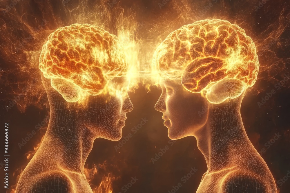 Poster abstract illustration of two faces with fiery brain illustrations depicting cognitive intensity inte
