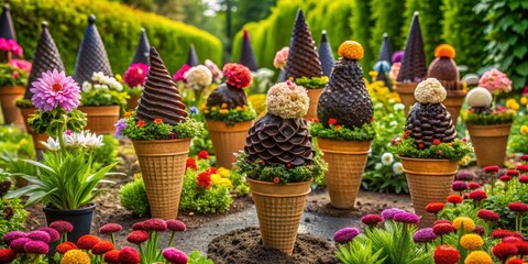 A fantastical garden where flowers bloom into Black Forest cake petals, and ice cream cones serve as planters for edible delights