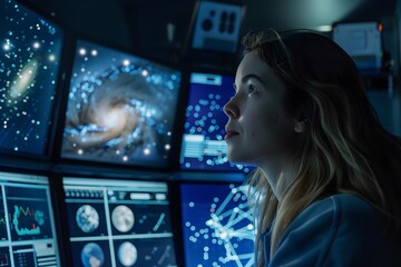 A close-up of a woman astronomer analyzing data on a computer screen in a modern observatory, with charts and celestial images displaye