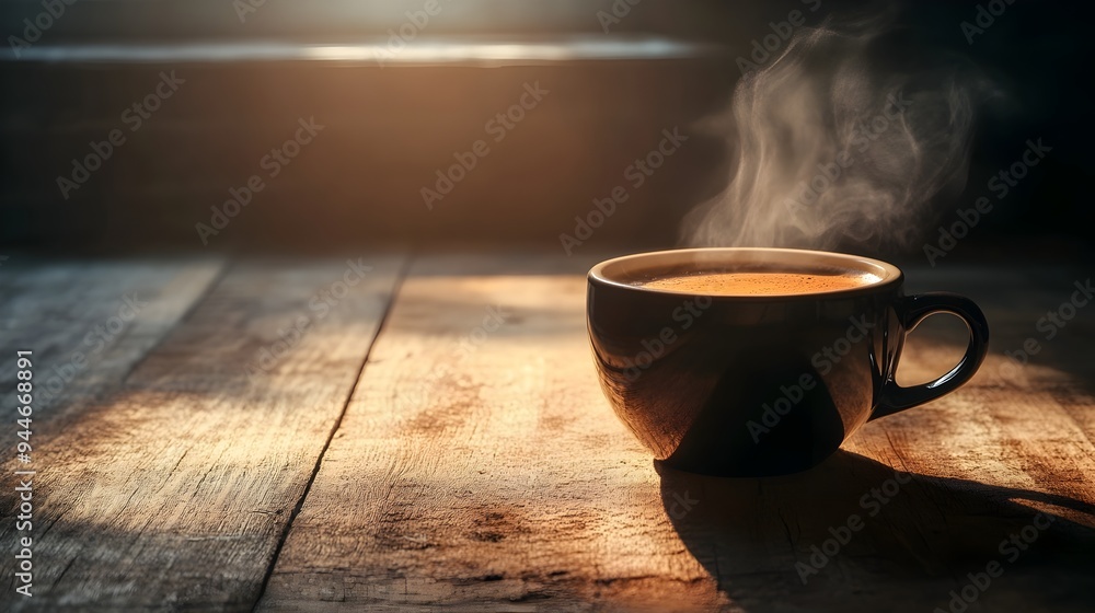 Poster a steaming hot cup of freshly brewed black coffee resting on a simple wooden table with ample empty 