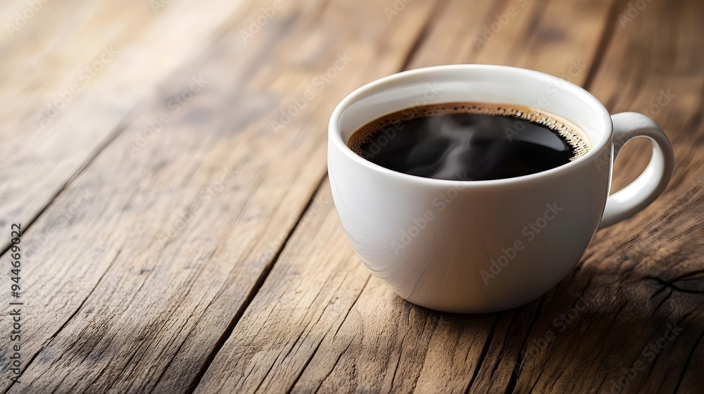 Poster steaming hot cup of freshly brewed black coffee resting on a rustic wooden table creating a cozy and