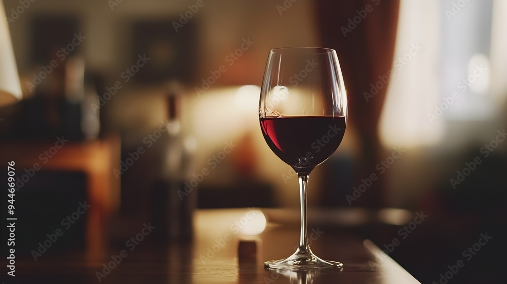 Poster a glass of premium red wine resting on a table in a dimly lit elegant setting with ample copy space 