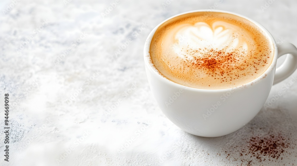 Poster frothy creamy cappuccino in a pristine white cup with clean copyspace for adding branding text or me