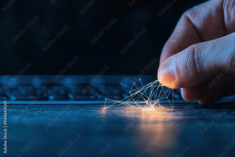 Poster a hand interacting with a glowing connection on a keyboard, symbolizing technology and digital commu