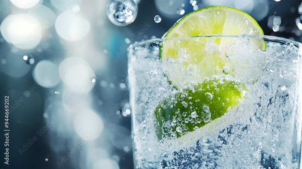 Poster refreshing sparkling water with fresh lime slice and ice cubes in a clear glass on a simple backgrou