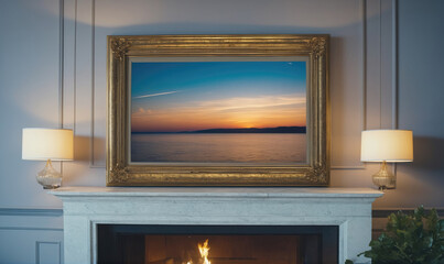 A framed picture of a sunset over a lake hangs above a fireplace in a cozy living room