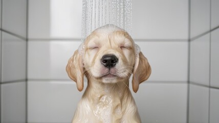 Puppy enjoying a warm shower, with water cascading down its fur, creating a peaceful and clean atmosphere, puppy bath, gentle shower, pet care
