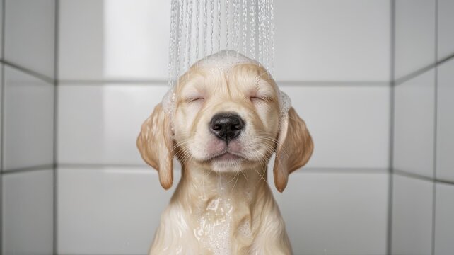 Puppy enjoying a warm shower, with water cascading down its fur, creating a peaceful and clean atmosphere, puppy bath, gentle shower, pet care