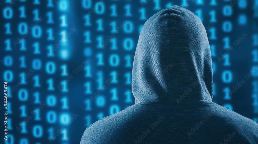 Poster a hooded figure stands against a backdrop of glowing binary code, symbolizing mystery and the digita