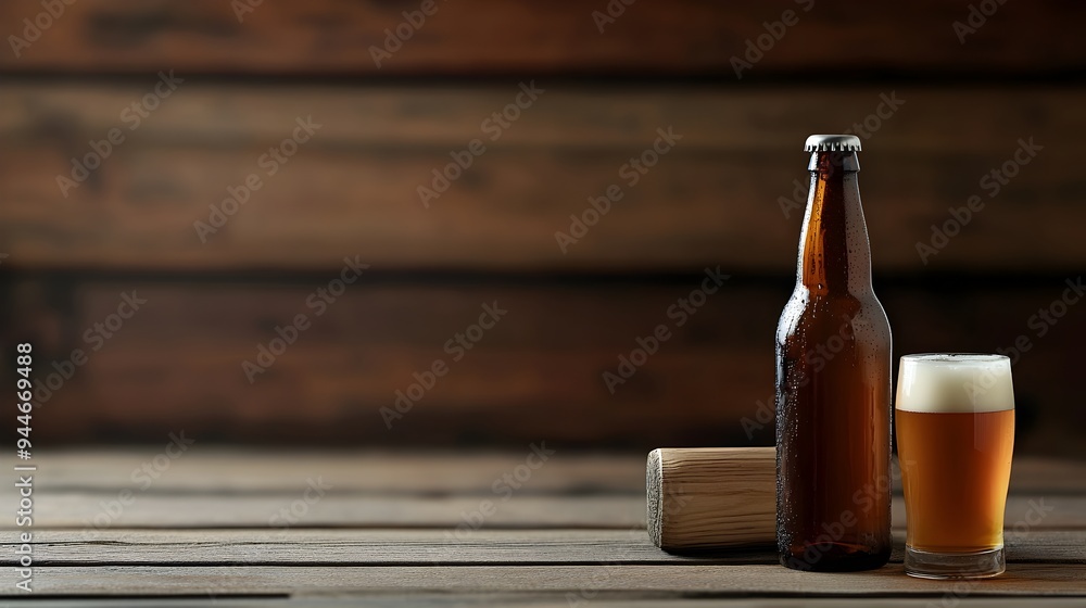 Poster stylish craft beer bottle and glass placed on a rustic wooden table with ample copy space for brandi