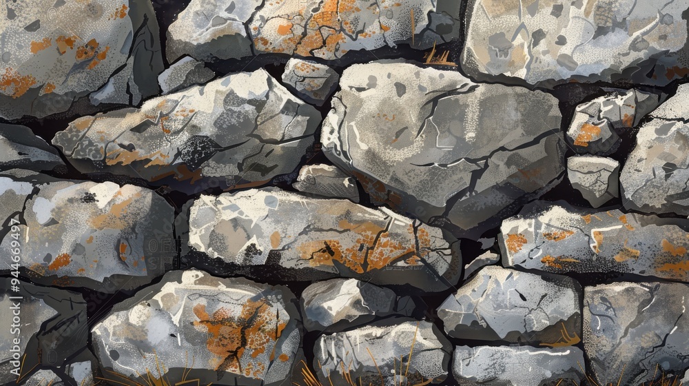 Poster a close-up of a textured stone wall with irregular shapes and light patterns.