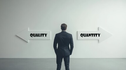 Obraz premium Product quality and quantity way topic, A businessman stands before a wall featuring white arrows to make strategic decisions.