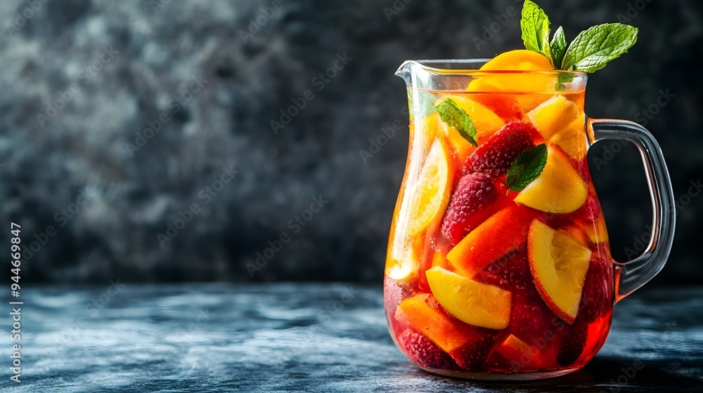 Poster refreshing pitcher of red sangria with floating orange lemon and lime fruit slices perfect for summe