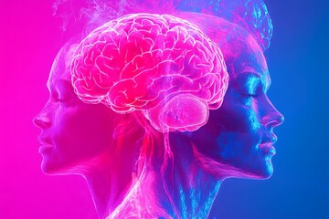 Obraz premium Vibrant Digital Art of a Face with Glowing Brain Illustrations Depicting Cognitive Connectivity Intellectual Interaction and the Power of Thought in a High Energy Neon Setting