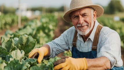 Senior man working part-time as a gardener, tending to a community garden with dedication and care, elderly gardener, part-time job, outdoor work