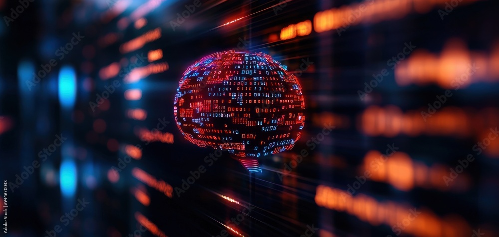 Poster a mesmerizing digital representation of a brain, illustrating concepts of technology, data, and neur