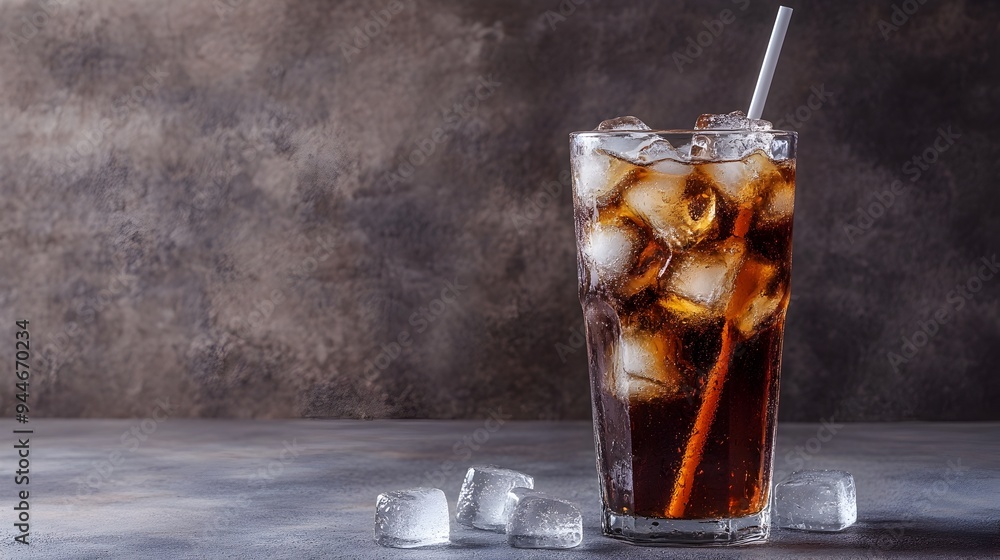 Poster tall glass of refreshing cola or soda drink with ice cubes and a straw set on a table or smooth surf