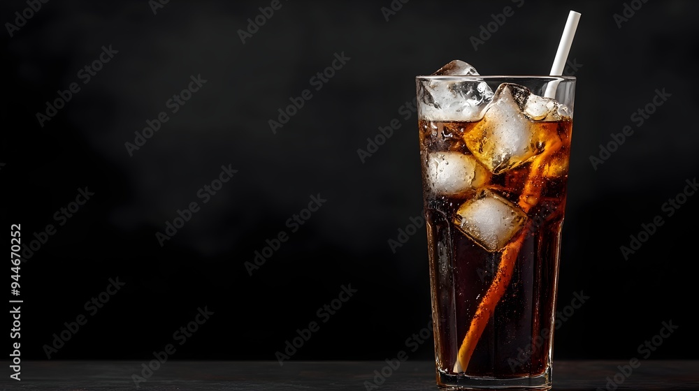 Poster chilled glass of classic refreshing cola soda with ice cubes and a straw creating a sparkling bubbly