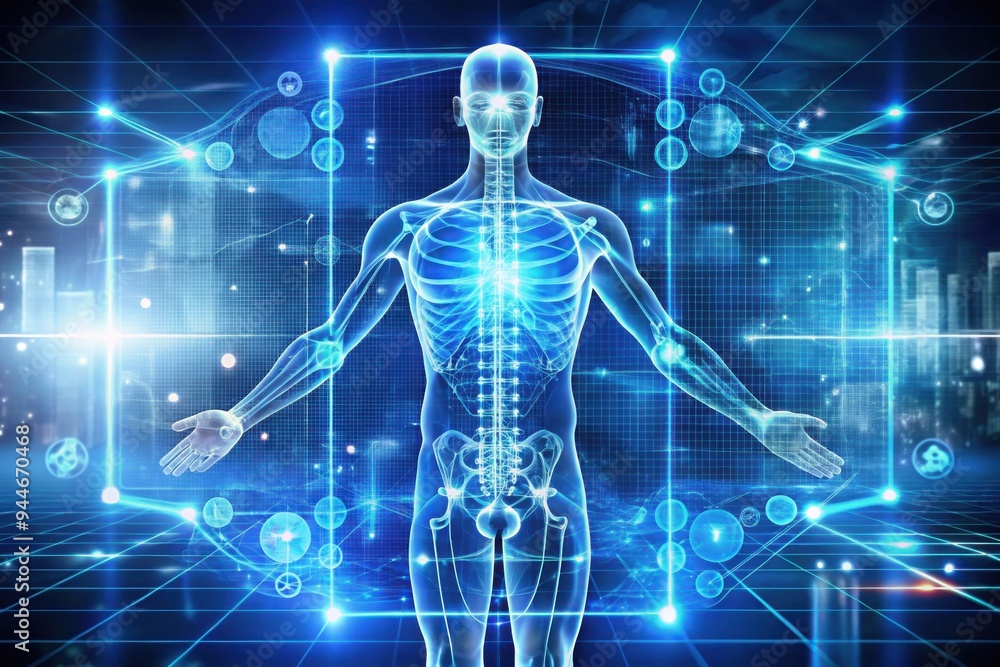 Poster a futuristic representation of the human body illuminated in blue against a digital backdrop, showca