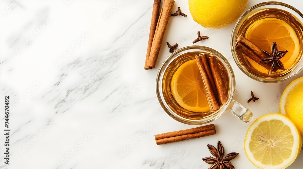 Poster steaming hot toddy with cinnamon sticks and lemon slice on a rustic wooden table or surface creating