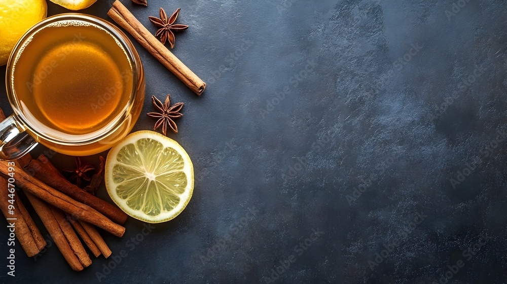 Poster comforting hot toddy drink with cinnamon sticks and lemon slice flat lay in a cozy rustic setting wi