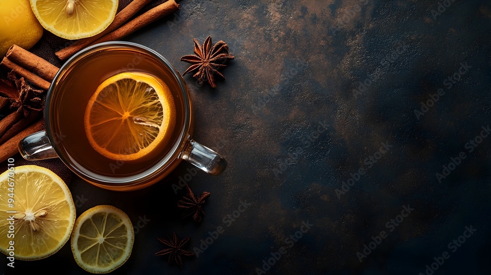 Poster a warm and comforting hot toddy drink made with cinnamon sticks and a slice of lemon served in a cer