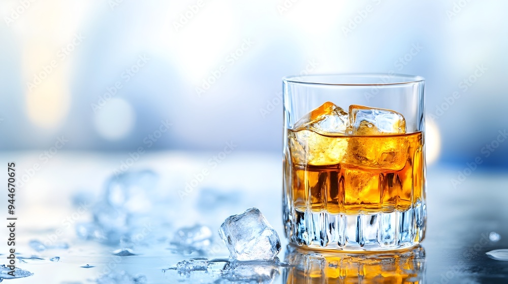 Poster closeup of a glass of amber colored whiskey on the rocks sitting on a rustic wooden table surface wi