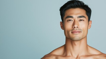 Close-up of an Asian man with even, blemish-free skin, natural light enhancing his healthy, clear complexion, blemish-free skin, healthy complexion, natural beauty