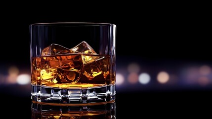 Elegant glass of amber colored whiskey on the rocks with copy space for design text or branding  Sophisticated still life shot of a luxury alcoholic drink for bar restaurant or lifestyle use