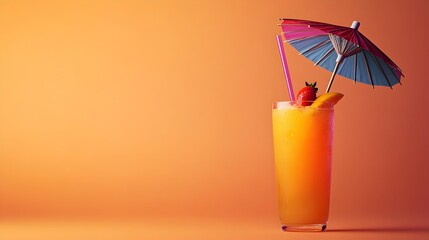 Refreshing Fruit Punch Cocktail Served in a Glass with a Colorful Umbrella Garnish Providing Ample Copy Space for Text Overlay or Branding