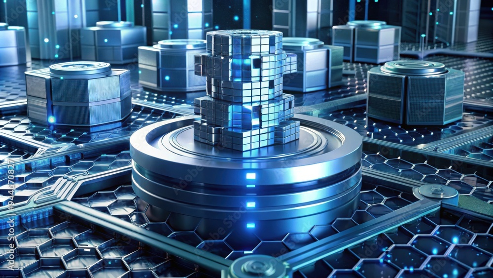 Poster modern data storage technology showcasing intricate designs in a futuristic digital environment with