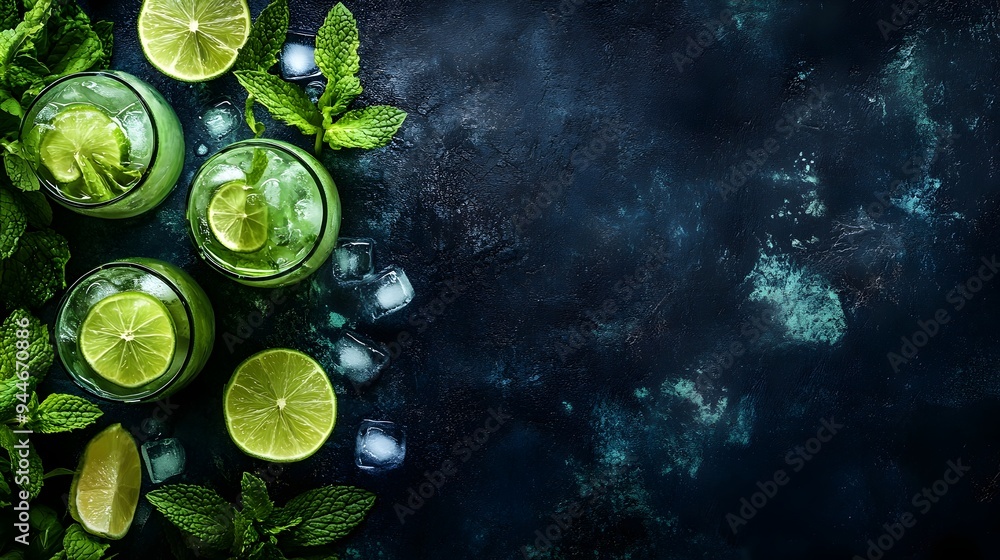 Poster closeup of a refreshing mojito cocktail with mint leaves and lime slice on a blurred background prov