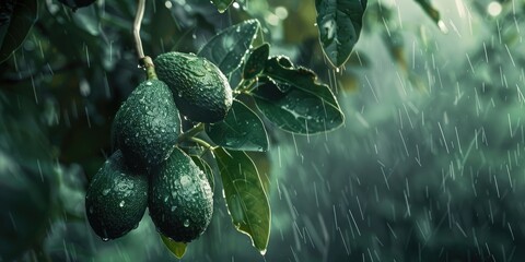 Hass avocados maturing on the branch amidst a wet winter day.