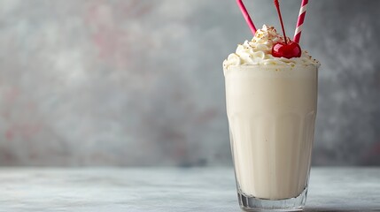 Delicious creamy vanilla milkshake with a juicy cherry on top served in a tall glass with a straw  Flat lay shot with clean background and copyspace for text or design overlay