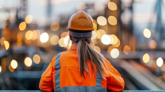 Back view of a safety worker with an orange high-vis jacket and hard hat, gazing at a bustling industrial site.