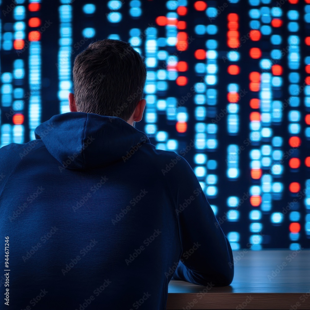Aufkleber a person observing a digital display filled with glowing data patterns, symbolizing technology and i