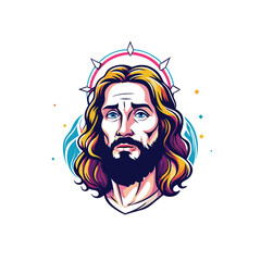 A colorful illustration of Jesus with a halo, long hair and beard.
