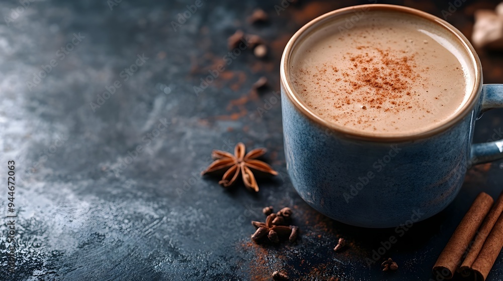 Poster steaming mug of fragrant spiced chai tea with cinnamon resting on a rustic wooden table the warm aro