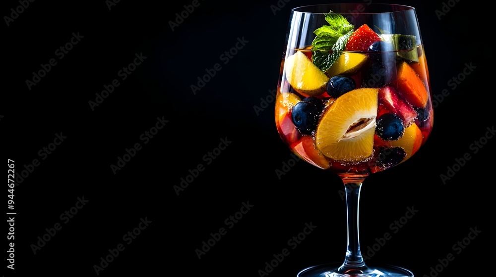 Poster vibrant glass of sangria garnished with a colorful array of fresh fruits like lemon orange and berri