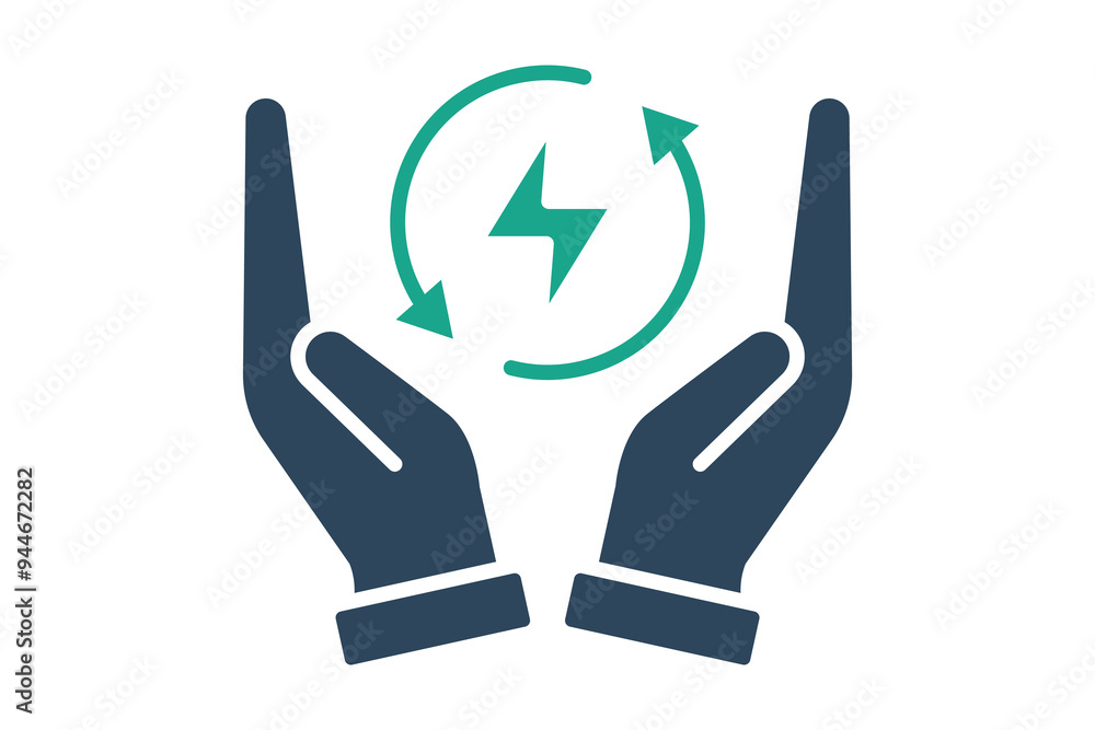 Poster energy saving icon. solid icon style. hand with lightning. icon related to efficiency. productivity 