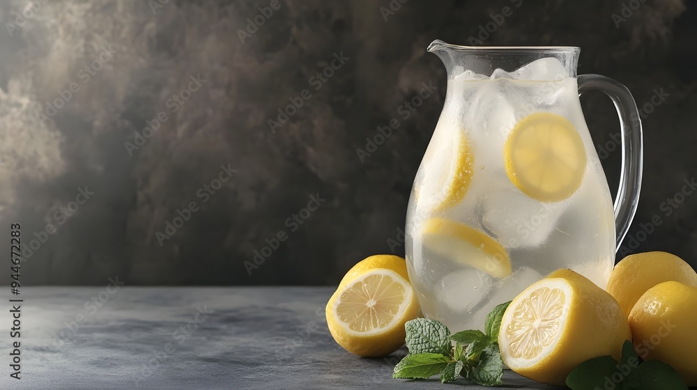 Poster refreshing and thirst quenching iced lemonade pitcher with fresh lemon slices on a wooden table perf