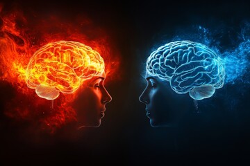 Futuristic Digital Art of Two Faces with Glowing Red and Blue Brain Illustrations Depicting Cognitive Connectivity Intellectual Interaction and the Power of Thought in a High Contrast Setting