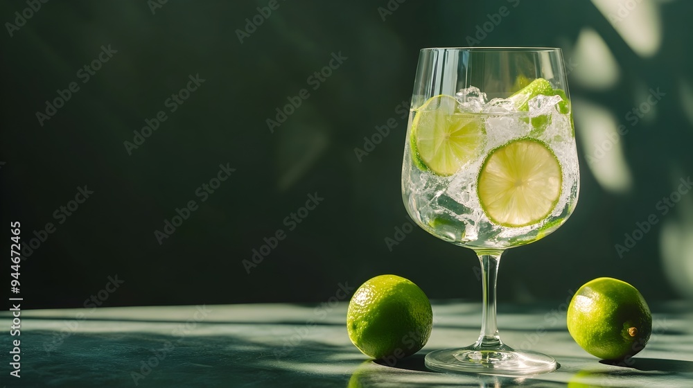 Poster a refreshing glass of gin and tonic with fresh lime wedges set against a clean background with ample